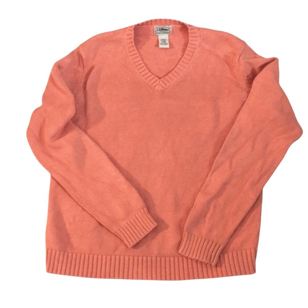 LL Bean Orange V Neck Cotton Sweater Size Small
